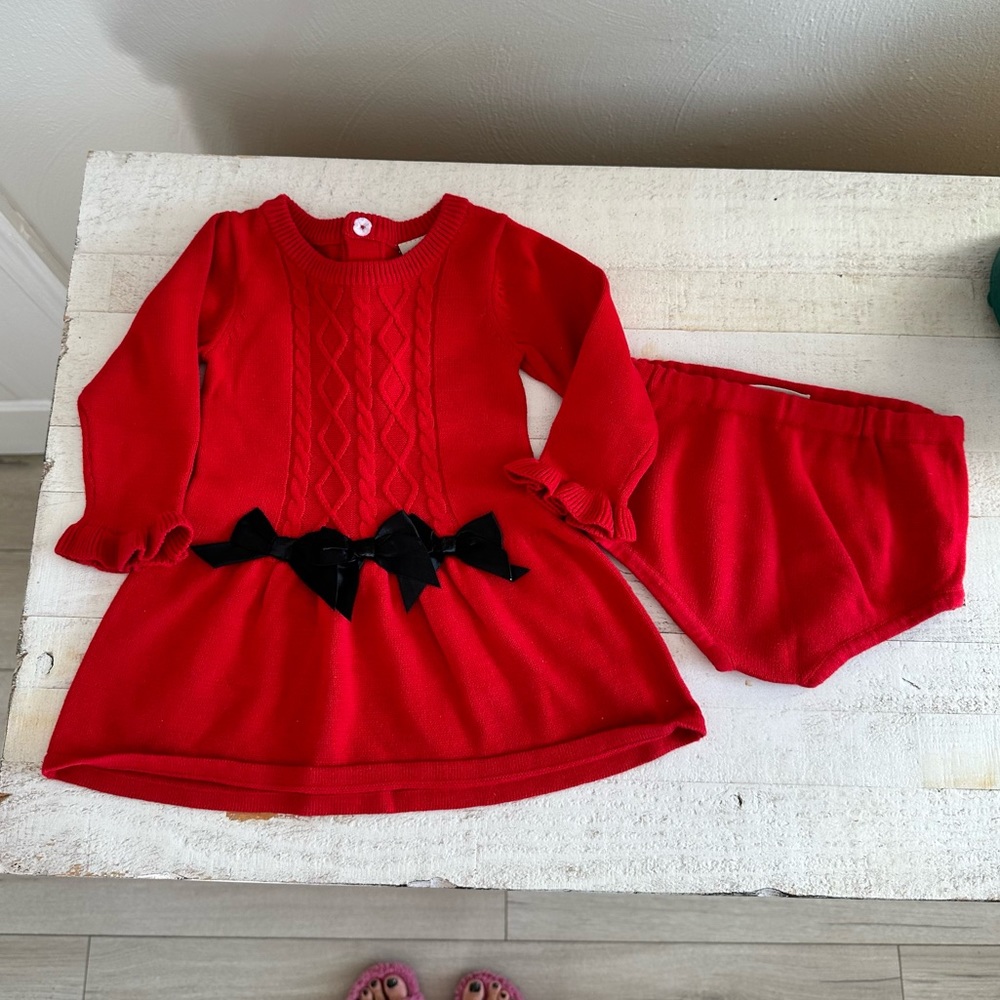 Minibasix red knit black silk bow dress with knit sweater bottoms sz: 6M NWOT